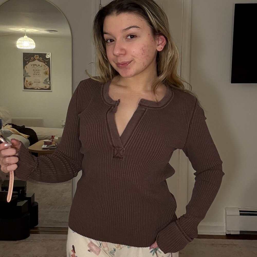 Aerie Brown Ribbed Long Sleeve Henley Top